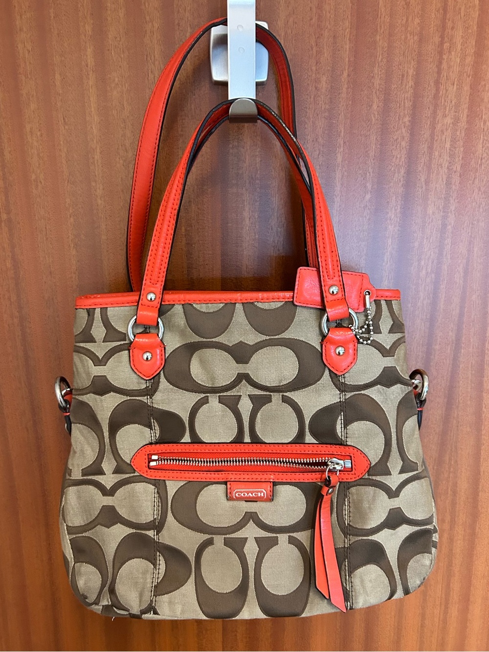 Coach Brown Signature Tote with Orange Trim
